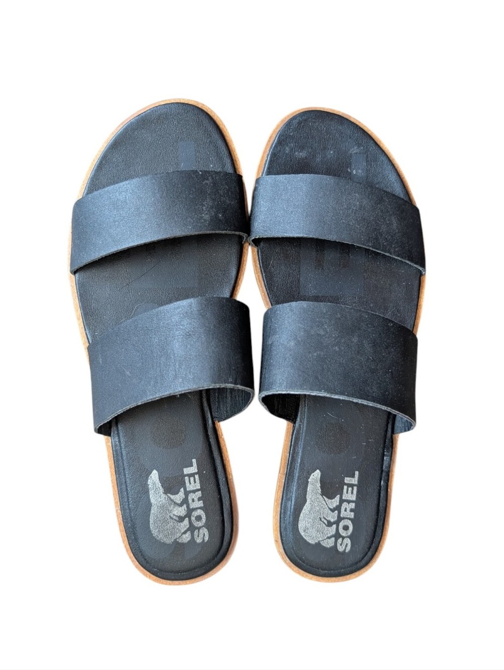 Sorel Ella II Black Leather Double Strap Slides Sandals Size 9